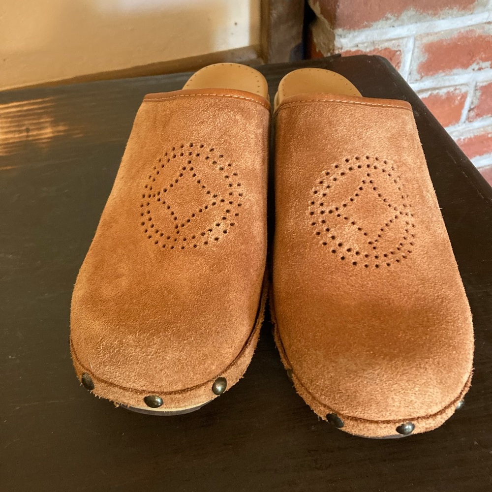 LL Bean suede wood clogs